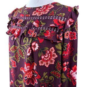 Purple Orange & Pink Floral Loft Shirt Blouse Crochet Detail Tiered Ruffle Top